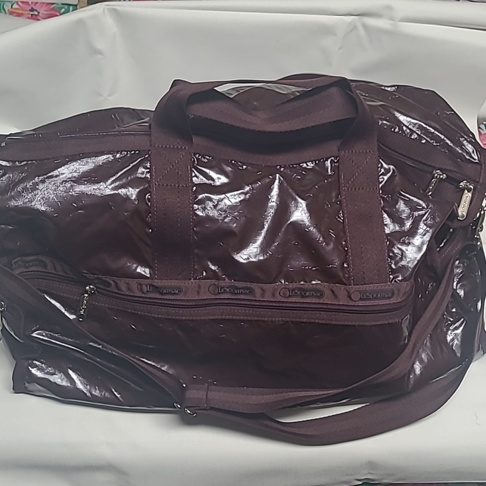 LeSportsac Burgandy Brown Weekender  Bag with Silver Accents
